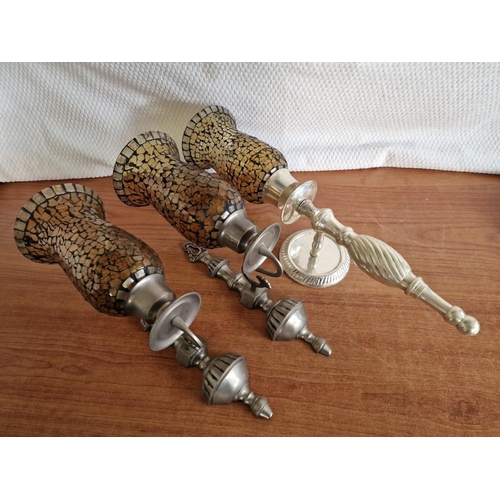 204 - Pair of Vintage Style White Metal Wall Mounted Candle Stick Holders with Amber Colour Crackle Glaze ... 