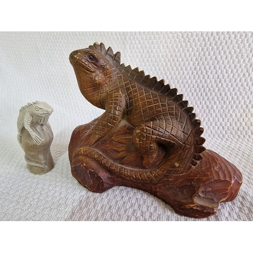 46 - 2 x Lizard Ornaments; One Carved Wood, Standing on Branch, Other Stone Effect (2)