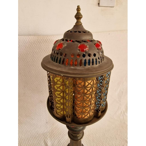 128 - Vintage Brass Middle-Eastern Style Table Lamp, Pierced Shade with Coloured Inserts