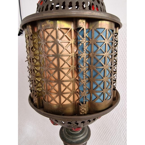 128 - Vintage Brass Middle-Eastern Style Table Lamp, Pierced Shade with Coloured Inserts