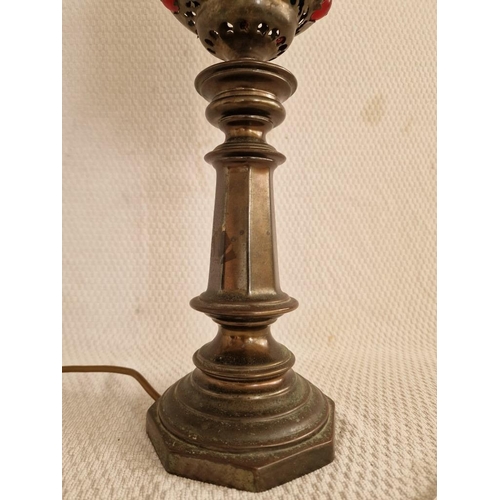 128 - Vintage Brass Middle-Eastern Style Table Lamp, Pierced Shade with Coloured Inserts