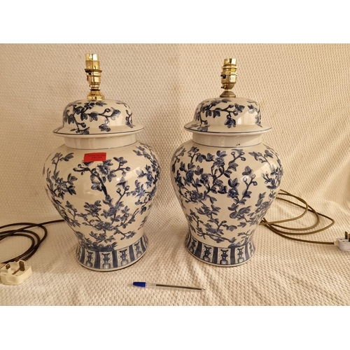 129 - Pair of Decorative Porcelain 'India Jane' Table Lamps; Ancient Chinese Pottery Style with Blue Colou... 