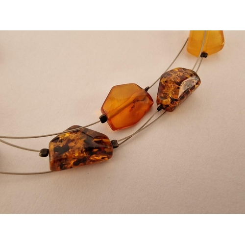 151 - Silver Trace Wire Necklace with Amber, Three Strand