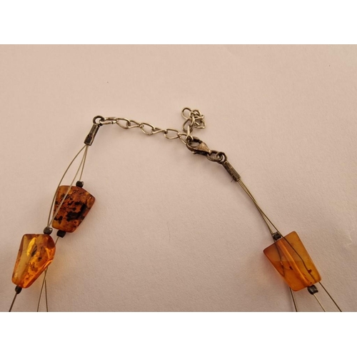 151 - Silver Trace Wire Necklace with Amber, Three Strand