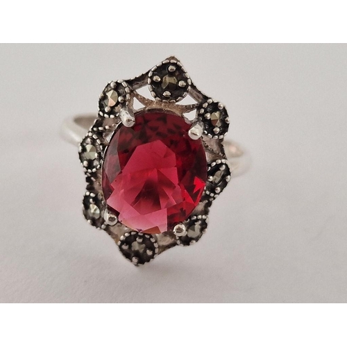 152 - Decorative Sterling Silver Ring with Large Red Colour Oval Stone and Surrounding 8 x Marcasite(?) St... 