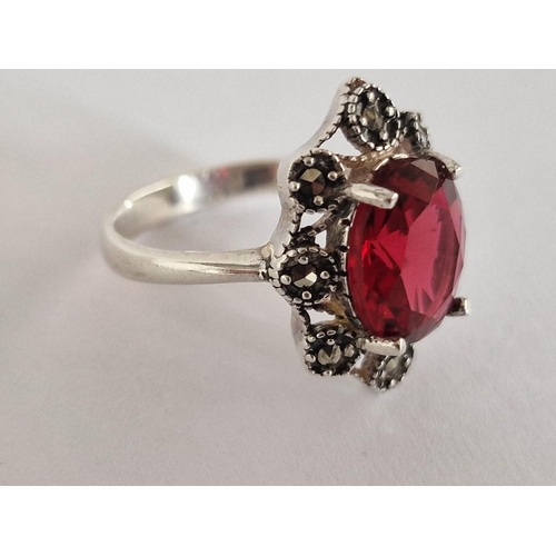 152 - Decorative Sterling Silver Ring with Large Red Colour Oval Stone and Surrounding 8 x Marcasite(?) St... 