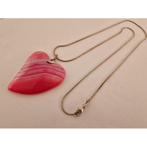 154 - Sterling Silver Necklace with Pink Colour Heart Shaped Agate(?) Pendant, (Total Weight Approx. 25g)