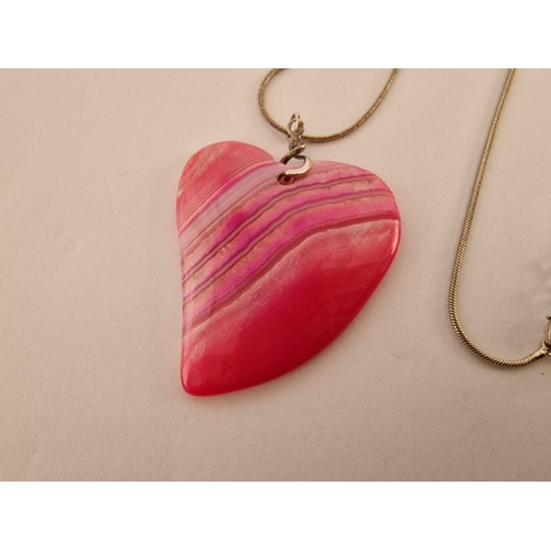 154 - Sterling Silver Necklace with Pink Colour Heart Shaped Agate(?) Pendant, (Total Weight Approx. 25g)