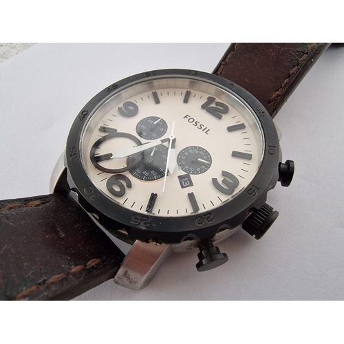 396 - Fossil Gents Wrist Watch, Large Case with Date, White Face, Stainless Steel, on Brown Leather Strap.... 