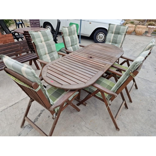 163 - Solid Wood Extendable Garden Table with Set of 6 x Matching Arm Chairs with Adjustable Back Rests an... 