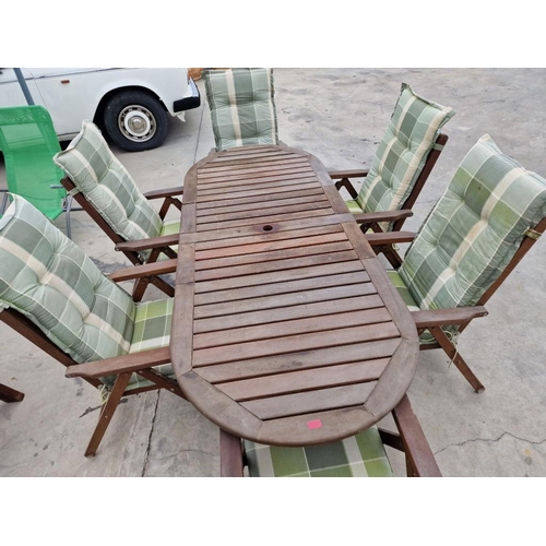 163 - Solid Wood Extendable Garden Table with Set of 6 x Matching Arm Chairs with Adjustable Back Rests an... 