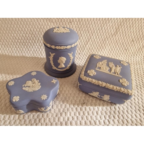 168 - Collection of Wedgwood Blue Jasperware; Lidded Pot, Lidded Square Trinket Dish and Irregular Shape L... 