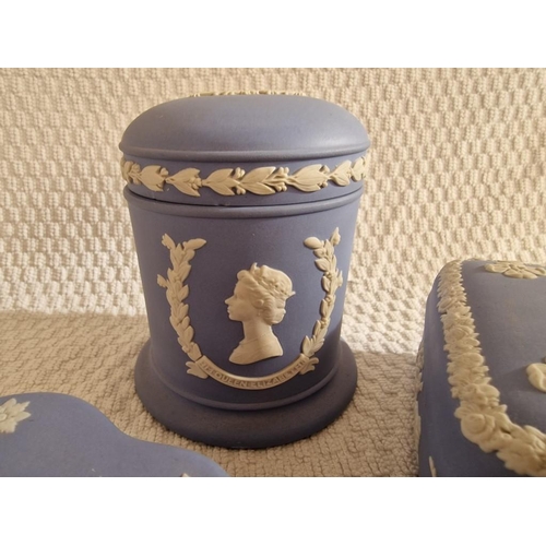 168 - Collection of Wedgwood Blue Jasperware; Lidded Pot, Lidded Square Trinket Dish and Irregular Shape L... 