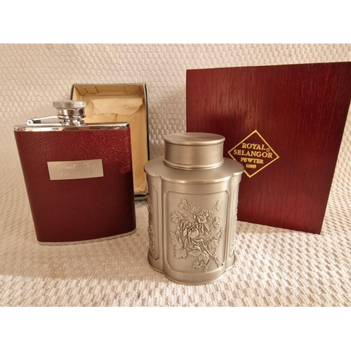 171 - Royal Selangor Pewter Tea Caddy in Wooden Presentation Case, Together with 6oz Hip Stainless Steel &... 