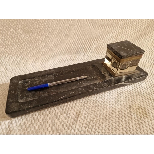 172 - Antique Black Marble Desk Tidy with Pen Tray and Heavy Cube Shape Glass Ink Well with Marble Lid, (A... 