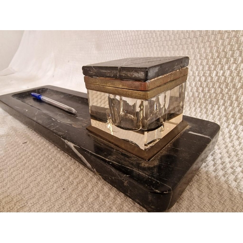 172 - Antique Black Marble Desk Tidy with Pen Tray and Heavy Cube Shape Glass Ink Well with Marble Lid, (A... 