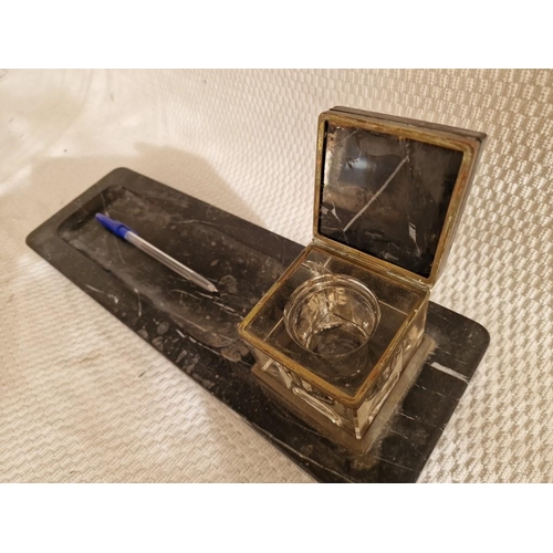 172 - Antique Black Marble Desk Tidy with Pen Tray and Heavy Cube Shape Glass Ink Well with Marble Lid, (A... 