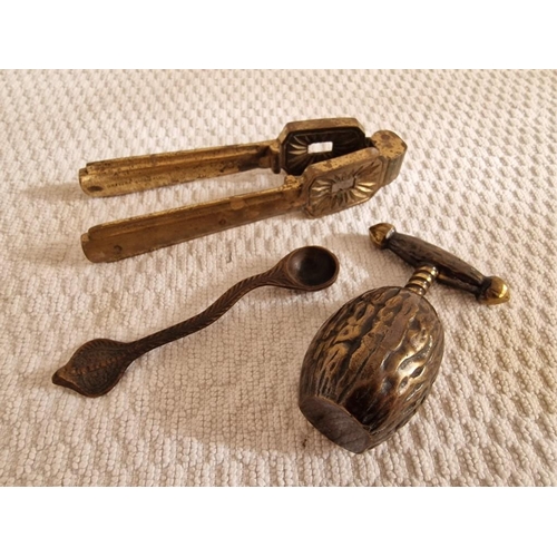 173 - Antique Cast Metal Nutcracker, Acorn Shape Nutcracker and 'Cobra' Spoon, (3)