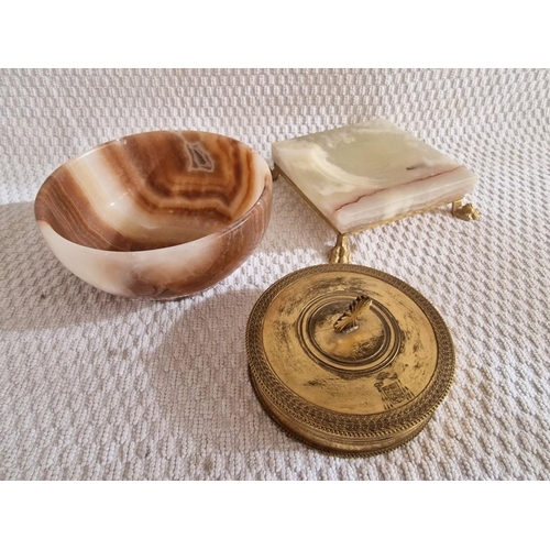 174 - Small Round Marble Bowl, Together with Marble Ashtray with Brass Claw Feet and Vintage Brass Powder ... 