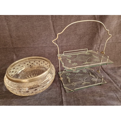 177 - Vintage 2-Tier Cake Stand with Etched Glass and Metal Frame with Carrying Handle, Together with Deco... 