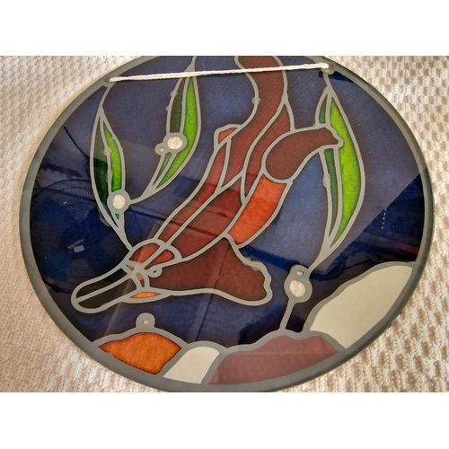 21 - Round Stained Leaded Glass Platypus, (Approx. Ø: 26cm)