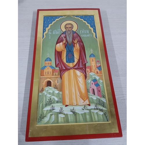 208 - St. Sergius Hand Painted Orthodox Icon (32 x 60cm) by Local Artist Vintage Style Oil on Solid Wood