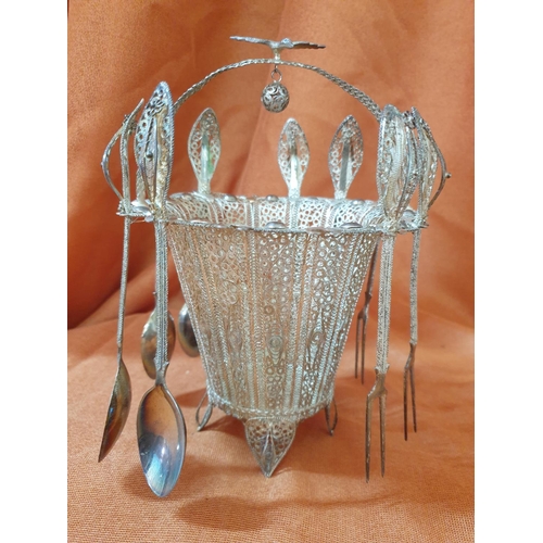 209 - Lefkara Traditional Silver Filigree Basket with 4 - Tea Spoons and 5 x Cake Forks, Total Weight 37.8... 