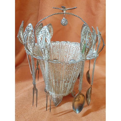 209 - Lefkara Traditional Silver Filigree Basket with 4 - Tea Spoons and 5 x Cake Forks, Total Weight 37.8... 