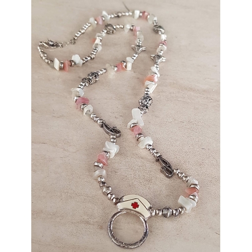 218 - Nurse Jewellery; Bracelet and ID-Necklace / Holder (In Silver Tone with Natural Stones)