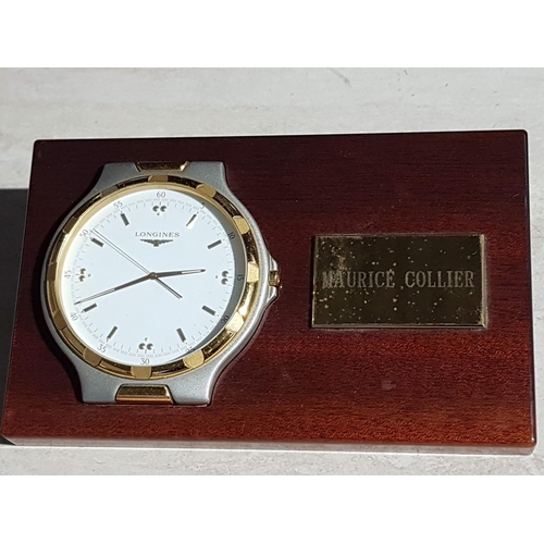 275 - Circa 1991 Longines Conquest Desk Clock R4T 7009 LG 2705A Swiss on Wooden Base Stand (Un-Tested)