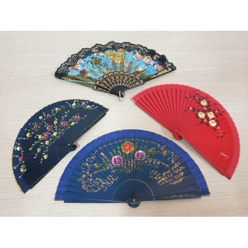 317 - Hand Painted Spanish and Japanese Style Various Fans; Red, Blue and Black Together with One Other So... 