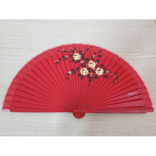 317 - Hand Painted Spanish and Japanese Style Various Fans; Red, Blue and Black Together with One Other So... 