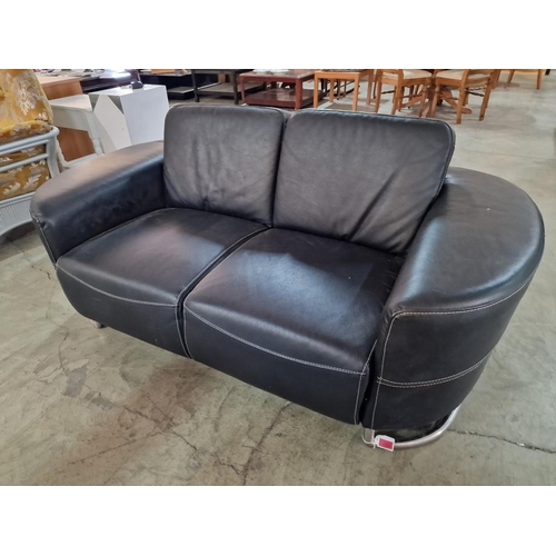 421 - Retro Style Black Leatherette 2-Seater Sofa with Curved Sides Arms / Ends Over Chrome Legs