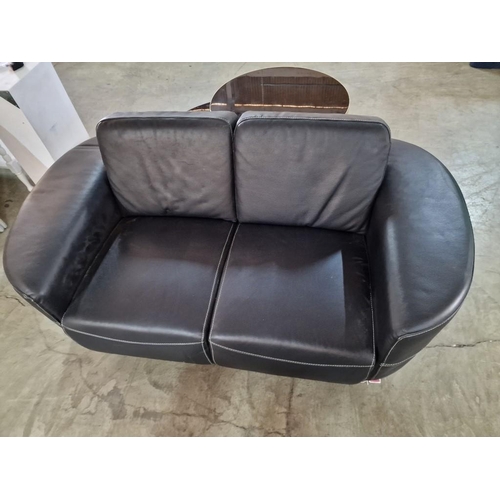 421 - Retro Style Black Leatherette 2-Seater Sofa with Curved Sides Arms / Ends Over Chrome Legs