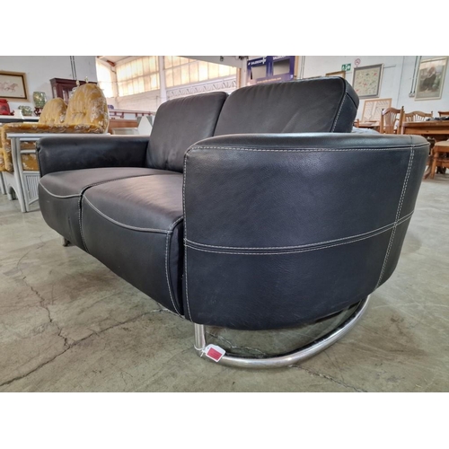 421 - Retro Style Black Leatherette 2-Seater Sofa with Curved Sides Arms / Ends Over Chrome Legs