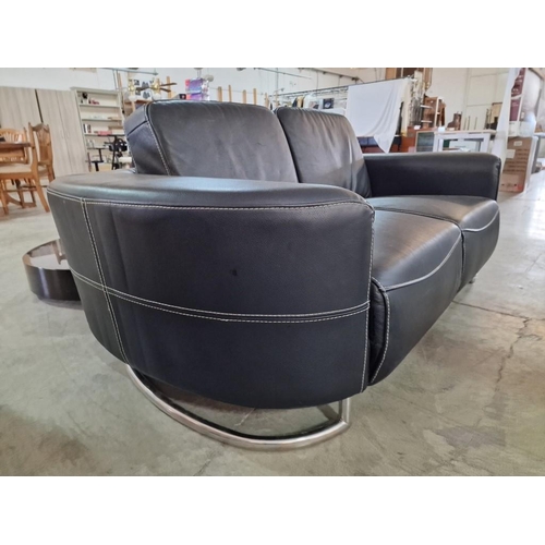 421 - Retro Style Black Leatherette 2-Seater Sofa with Curved Sides Arms / Ends Over Chrome Legs