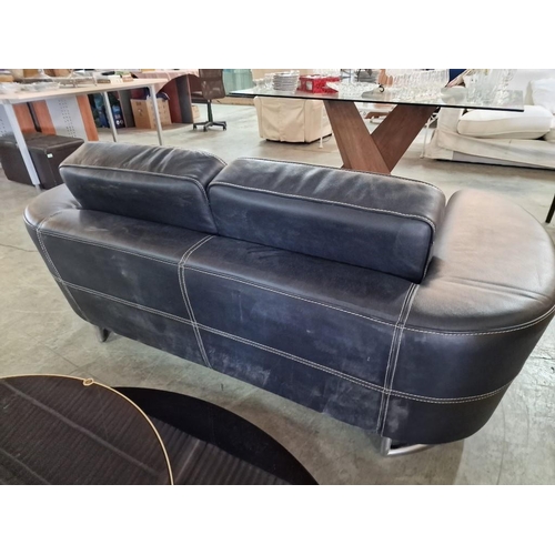 421 - Retro Style Black Leatherette 2-Seater Sofa with Curved Sides Arms / Ends Over Chrome Legs