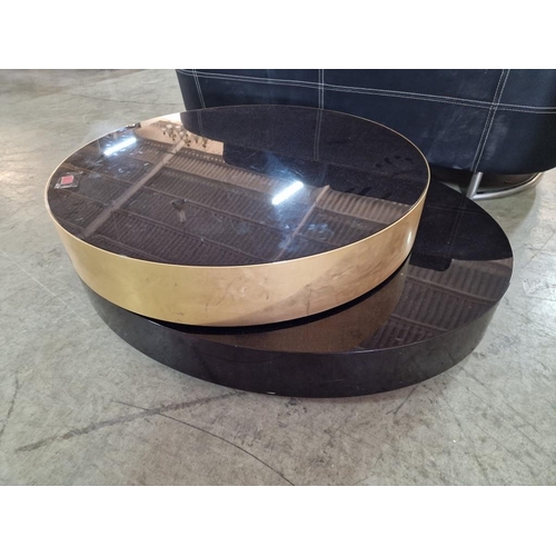 422 - Retro Style Coffee Table; Black Lacquer Oval Shape Lower Tier with Round Revolving Upper Tier with G... 