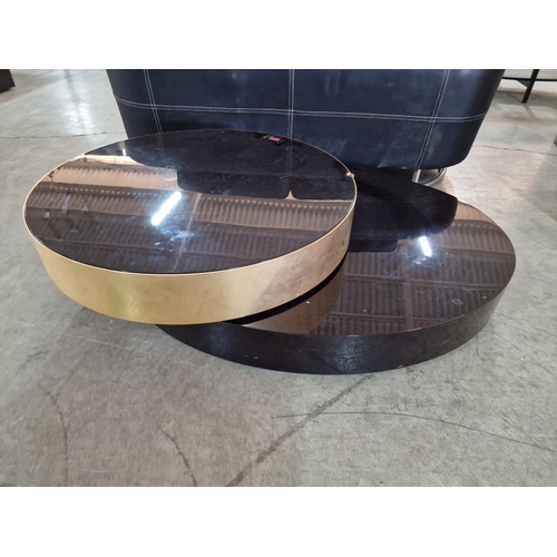 422 - Retro Style Coffee Table; Black Lacquer Oval Shape Lower Tier with Round Revolving Upper Tier with G... 