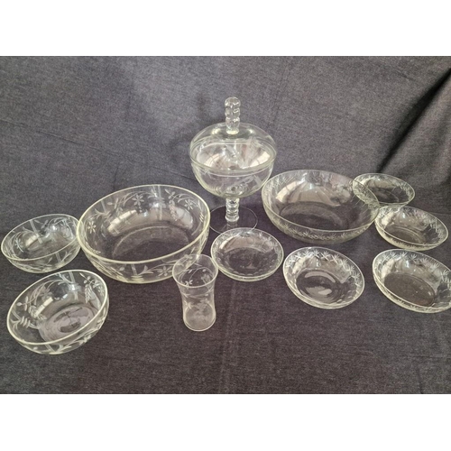 427 - Collection of Vintage Etched Glassware; Fruit Bowl with 5 x Matching Dishes, Another Fruit Bowl with... 