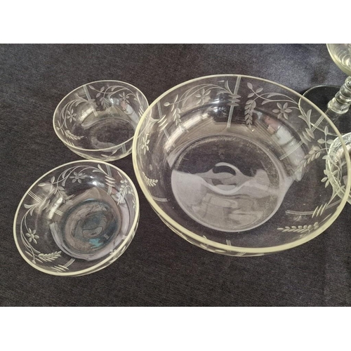 427 - Collection of Vintage Etched Glassware; Fruit Bowl with 5 x Matching Dishes, Another Fruit Bowl with... 