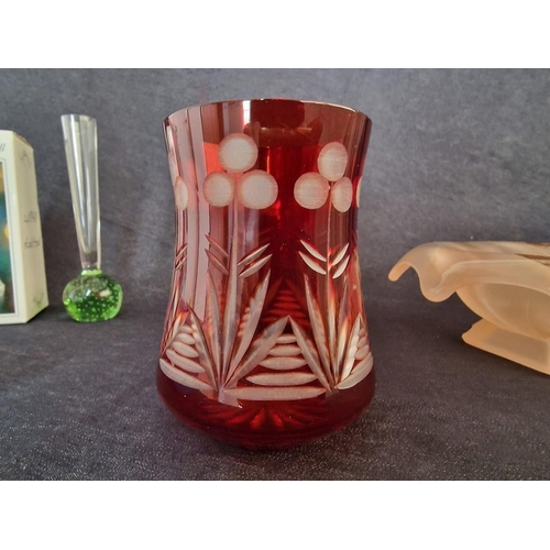 429 - Collection of Decorative Coloured Glassware; Cranberry Glass Vase, Art Deco Opaque Glass Shaped Dish... 