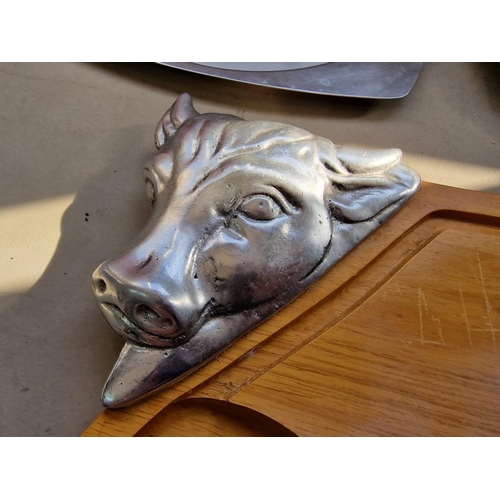 431 - Wooden Chopping Board with White Metal Cow's Head & Tail Corners, Together with 2 x Stainless Steel ... 