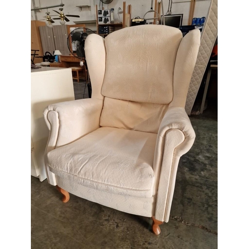 434 - Cream Fabric Wing Back Armchair Over Wooden Cabriole Legs