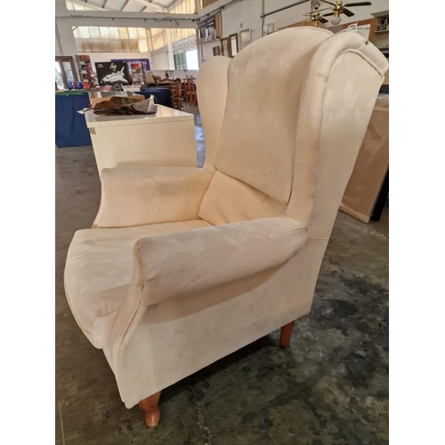 434 - Cream Fabric Wing Back Armchair Over Wooden Cabriole Legs