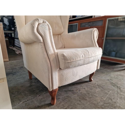 434 - Cream Fabric Wing Back Armchair Over Wooden Cabriole Legs