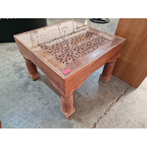 438 - Solid Wood Square Coffee Table with Carved / Pierced Top, Glass Cover and Carved Legs