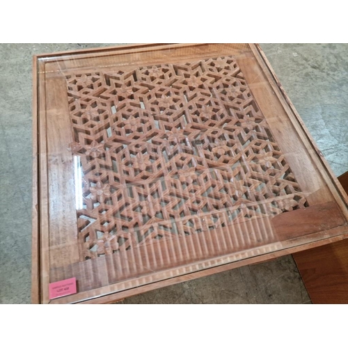 438 - Solid Wood Square Coffee Table with Carved / Pierced Top, Glass Cover and Carved Legs