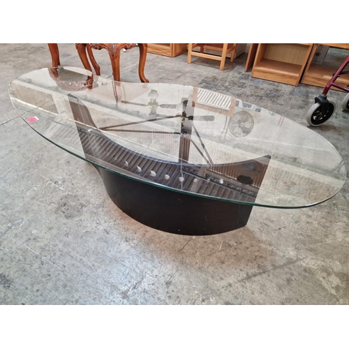 440 - Modern / Designer Coffee Table with Shaped Glass Top Over Black Metal Curved Base, (Approx. 150 x 70... 