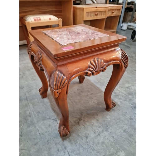 443 - Classical Style Square Side Table, with Carvings, Cabriole Legs and Inset Marble Effect Top